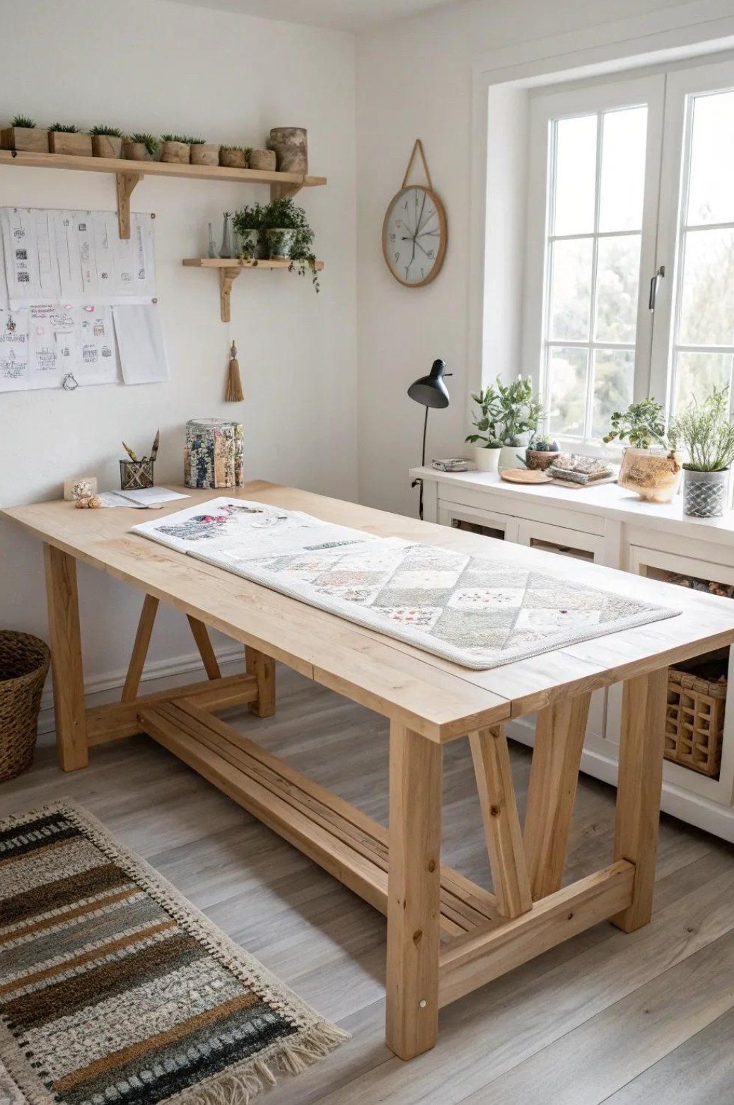 A light-filled creative studio with a wooden table, plants, shelves, and a window